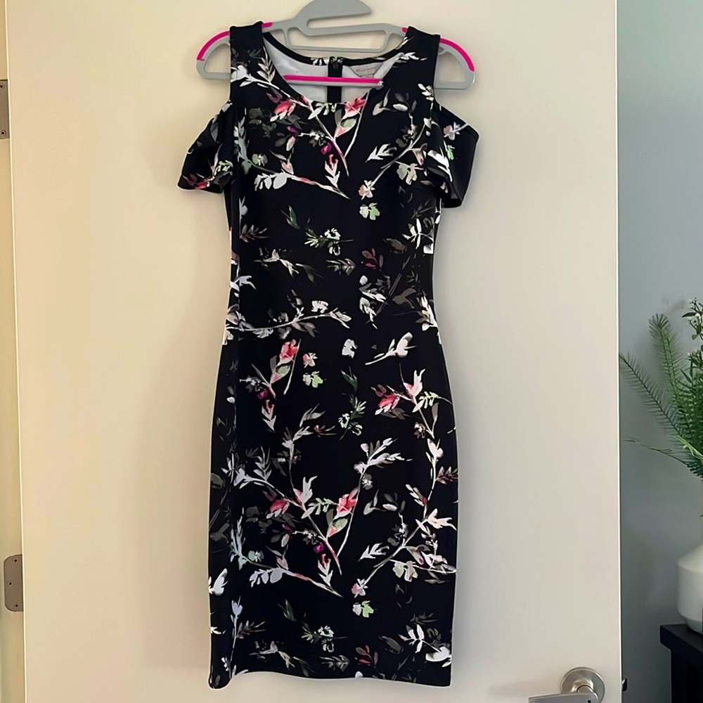 Black with floral print midi body con dress with cold shoulder sleeve